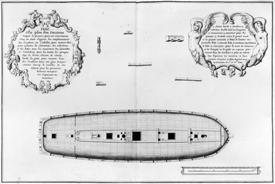 Plan eines Schiffes mit einem fertiggestellten ersten Deck, Illustration aus dem 